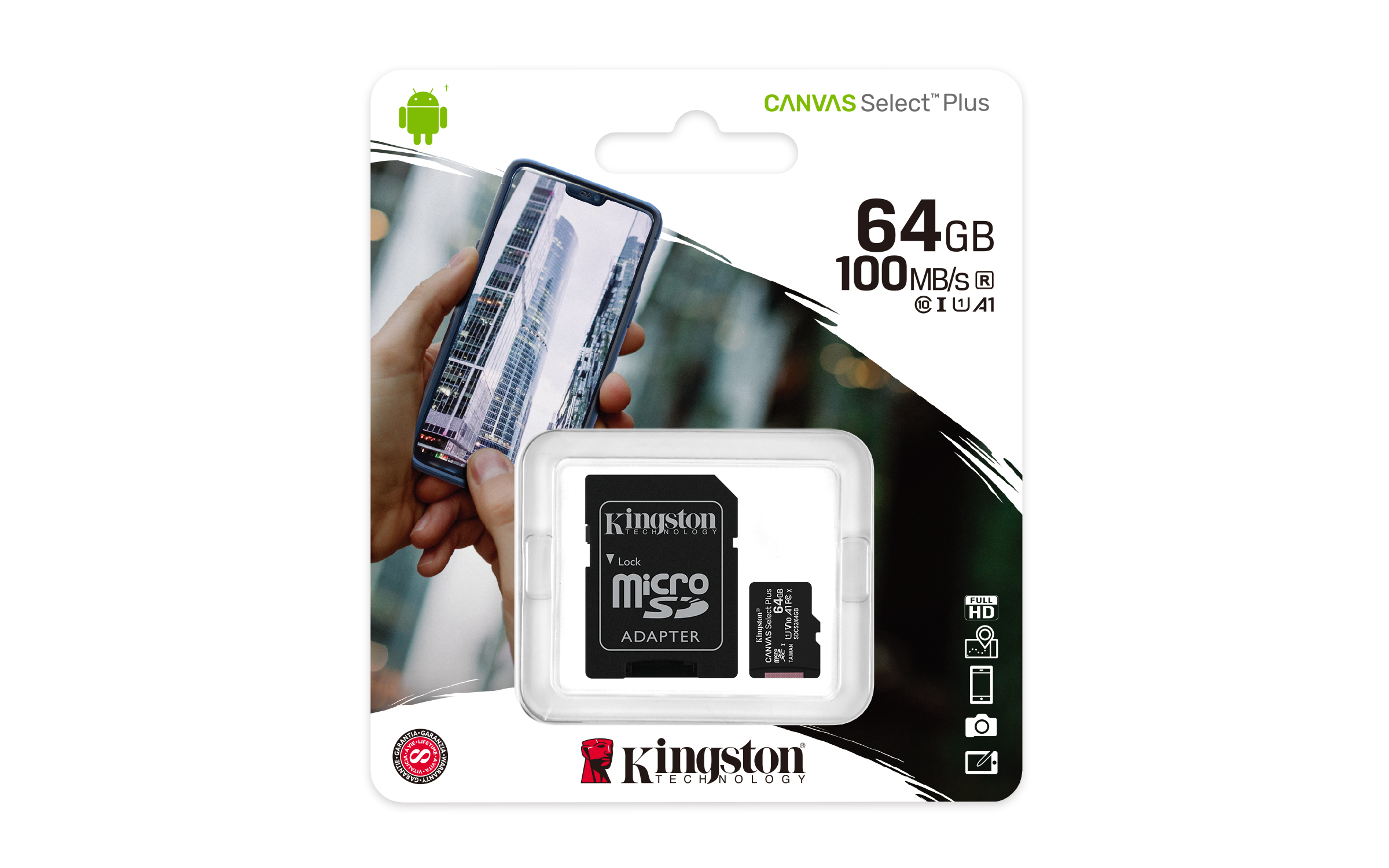 Kingston Technology 64GB micSDXC Canvas Select Plus 100R A1 C10 kaart + ADP