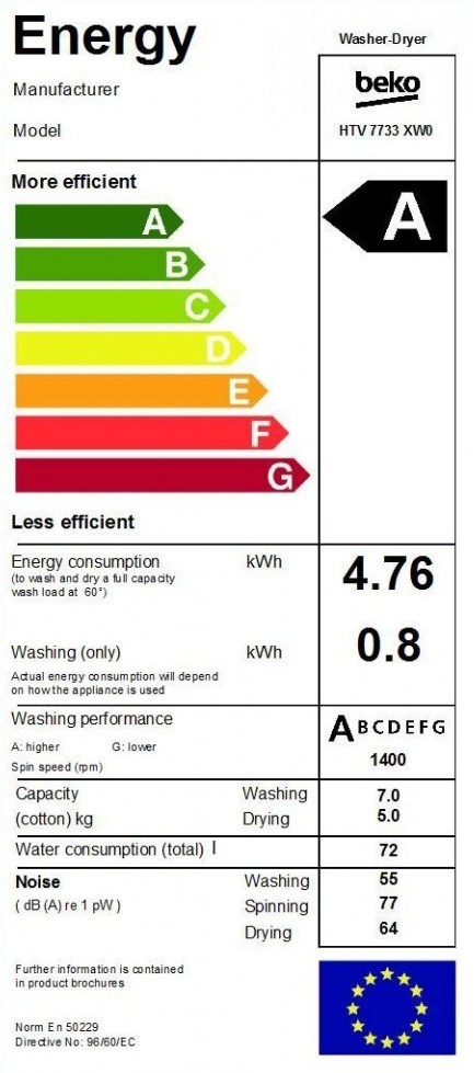 Beko HTV 7733 XW0 Was-droogcombinatie Vrijstaand Voorbelading Wit