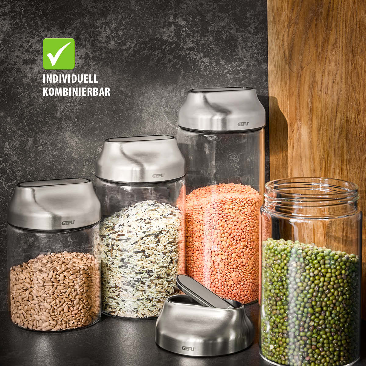 Bewaardoos GEFU 51.GF33742 Kippo / 1300ml / glas / inox deksel