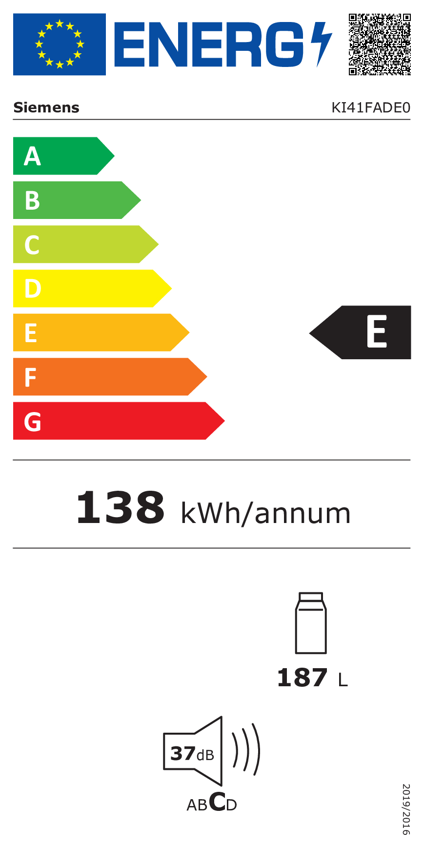 Siemens iQ700 KI41FADE0 réfrigérateur Intégré 187 L E Blanc