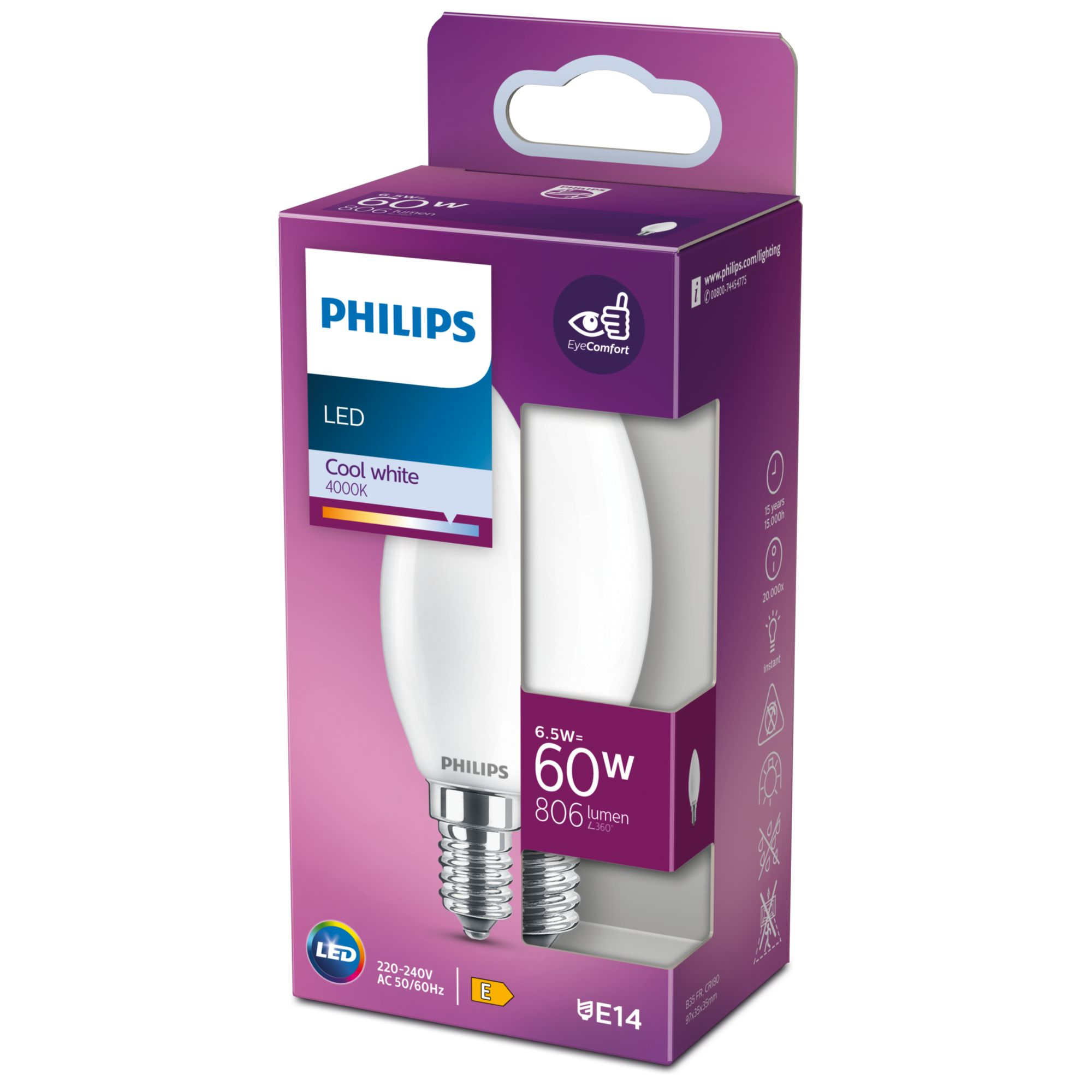 LED-lamp PHILIPS 8718699762711 E14B35 6,5W-60W CW