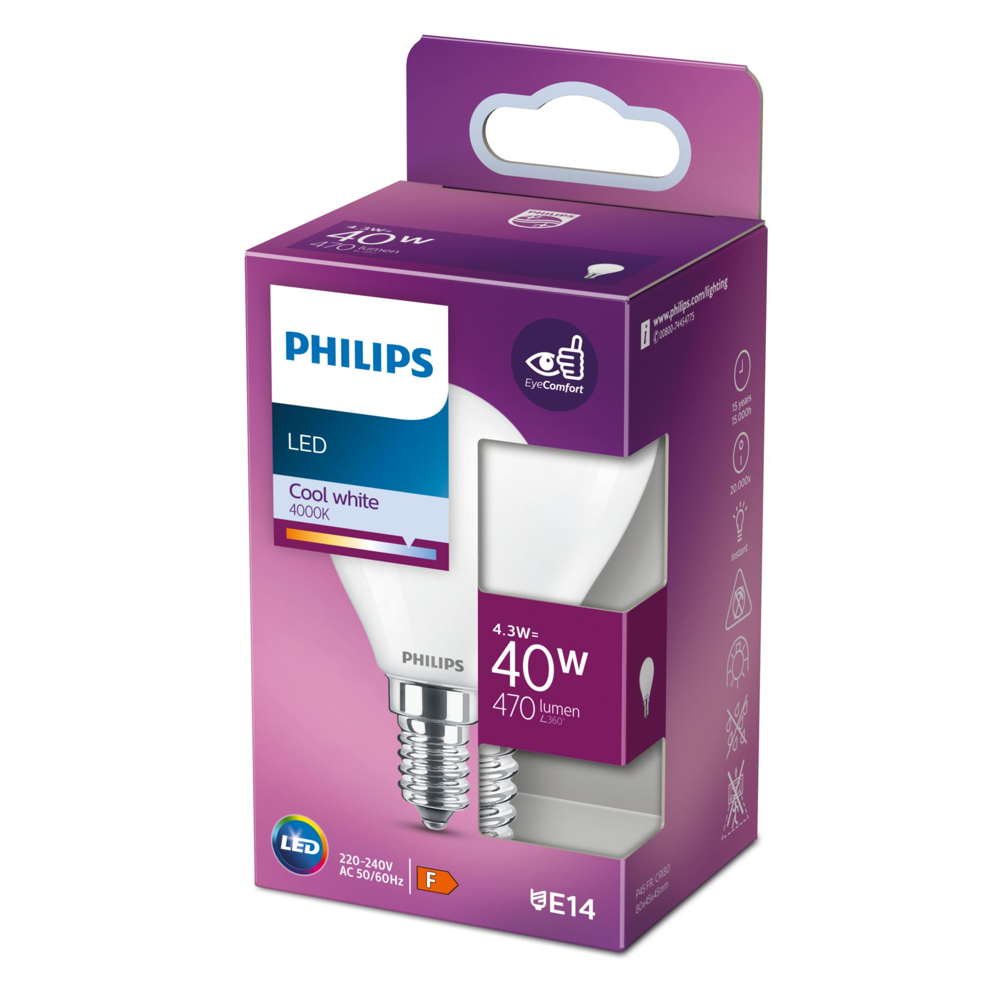 LED-lamp PHILIPS 8718699762797 E14 P45 4,3W-40W CW