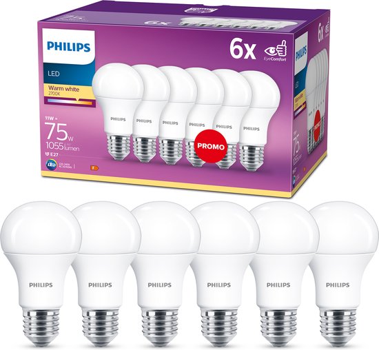 LED-lamp PHILIPS 8718696586297 E27A60 11W-75W WW 6pcs