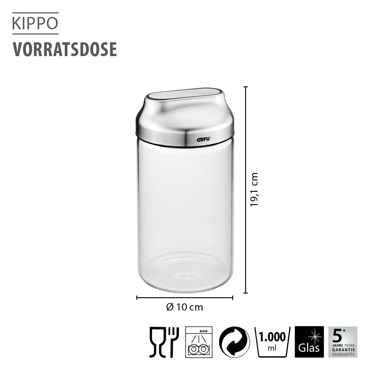 Bewaardoos GEFU 51.GF33741 Kippo / 1000ml / glas / inox deksel
