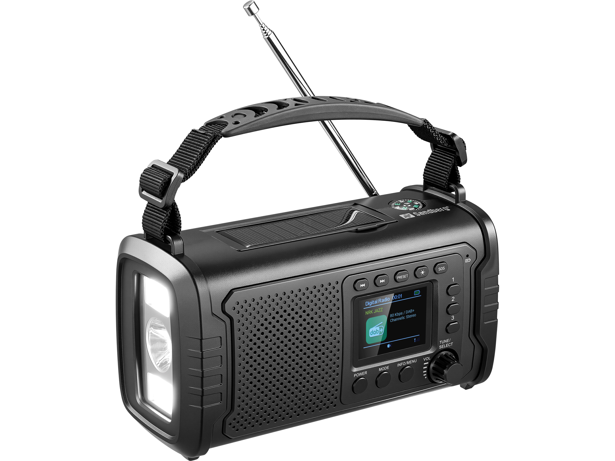 DAB radio SANDBERG Survivor 421-38 / 20000mAh solar powerbank / Bluetooth / zaklamp / zwengel