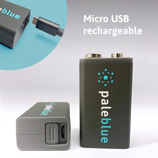 Pale Blue Rechargeable 9V Battery 2pack + Charging Cable