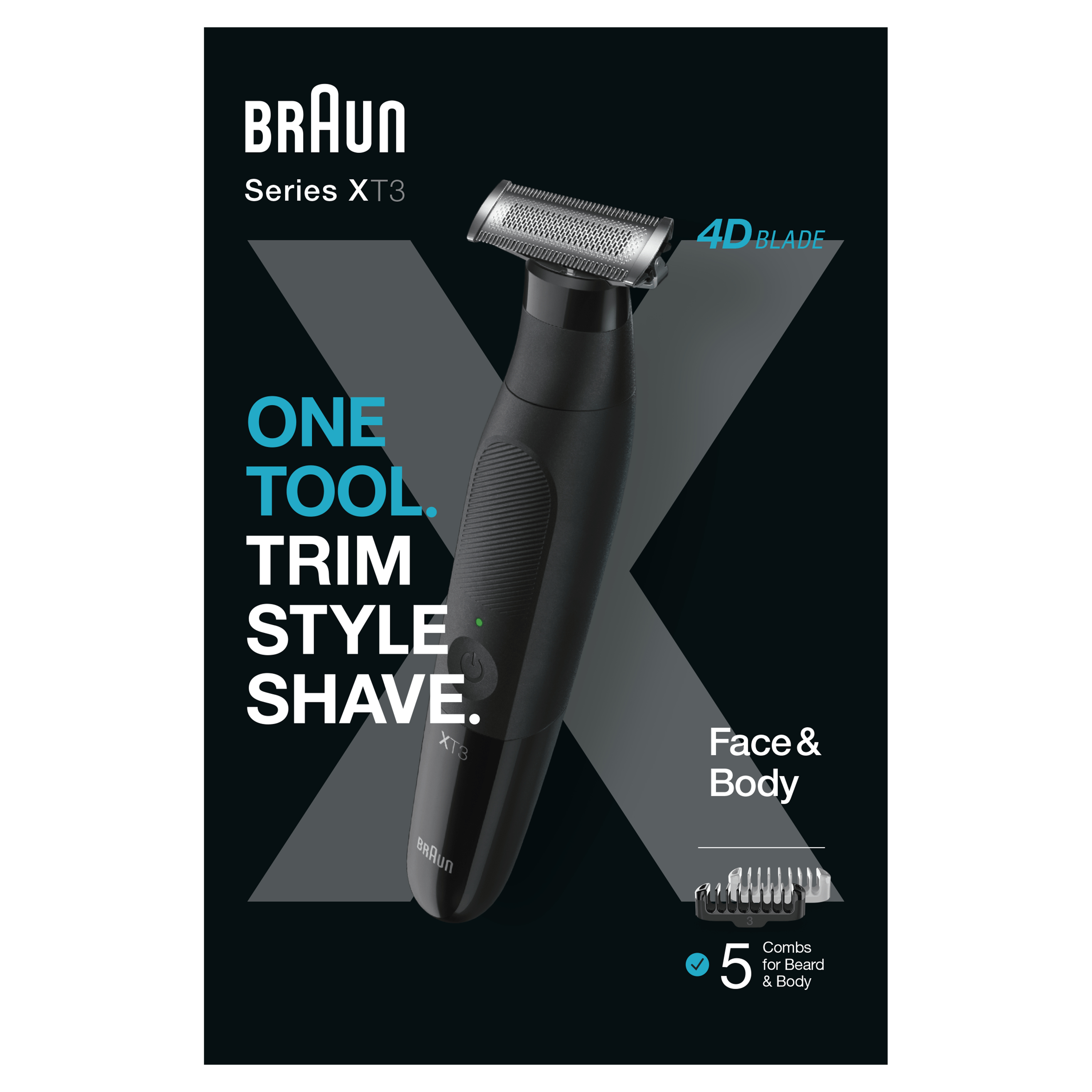 Hybride trimmer gezicht & lichaam BRAUN XT3200 Series X3 /flexibel 4D-scheerblad / waterbestendig, 5 kammen 