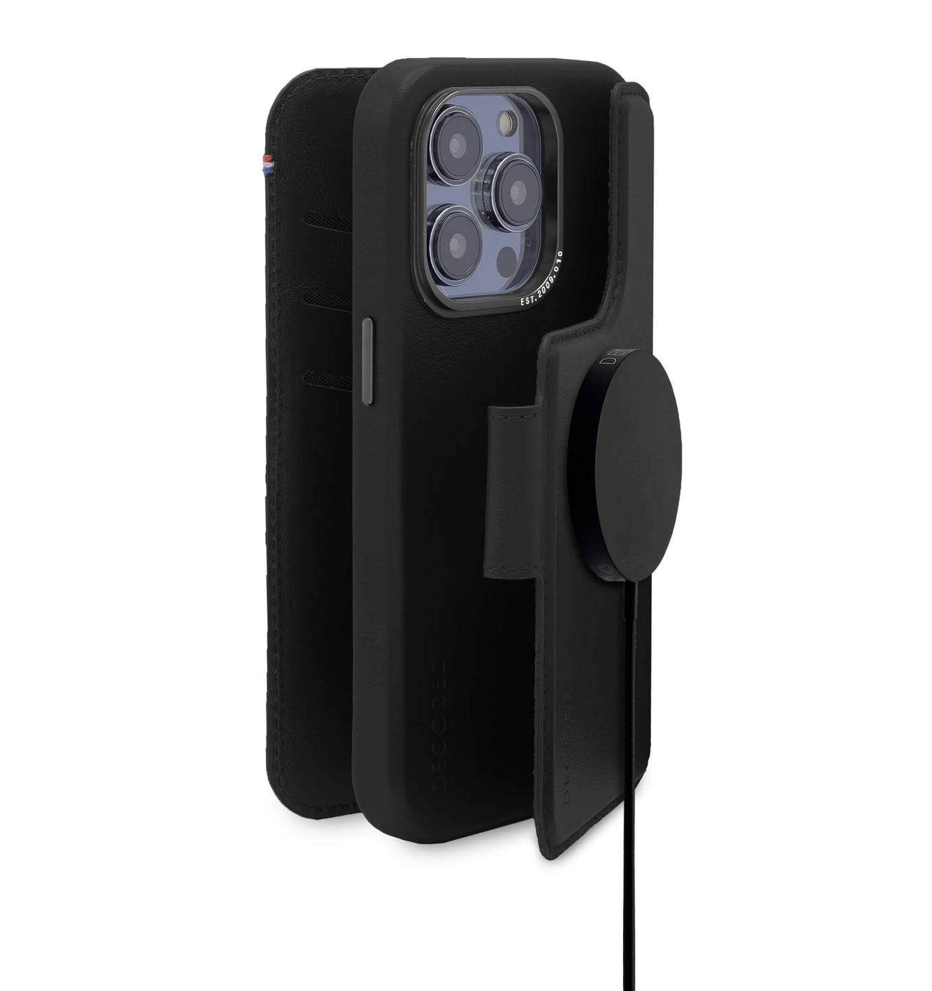 Decoded iPhone 14 Pro Max, housse wallet amovible cuir, noir