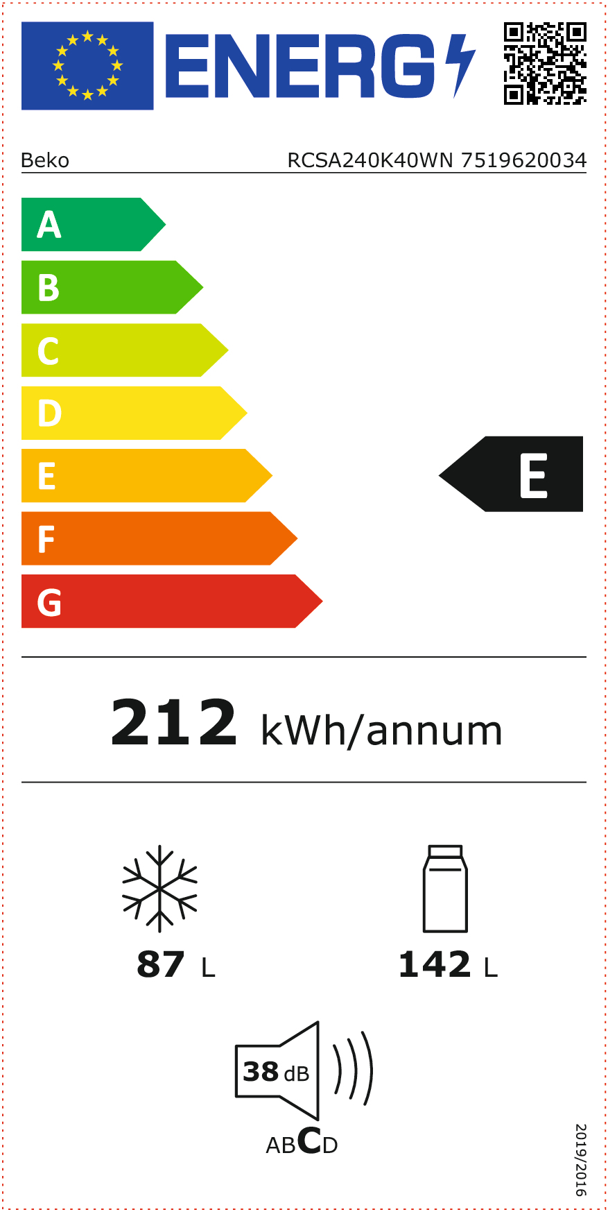Koelkast Combi BEKO RCSA240K40WN /E / 153cm / 87L