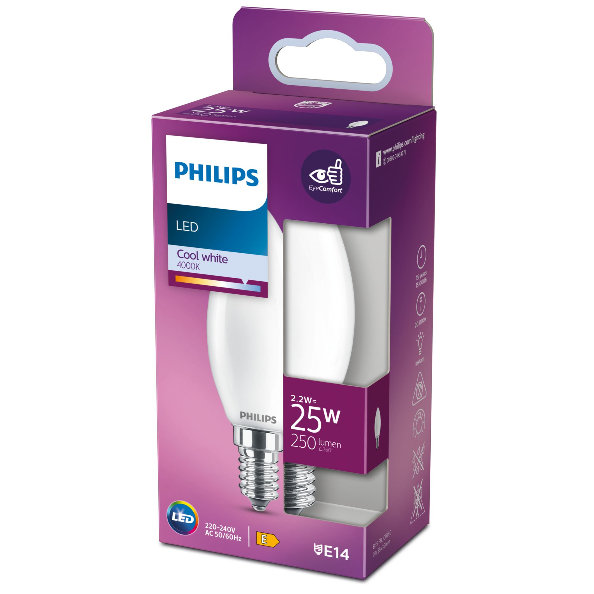 LED-lamp PHILIPS 8718699762636 E14B35 2,2W-25W CW