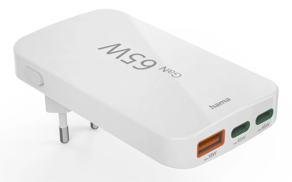 Hama Chargeur rapide, 2 USB-C, 1 USB-A, mini-chargeur plat, PD, 65 W, BLC