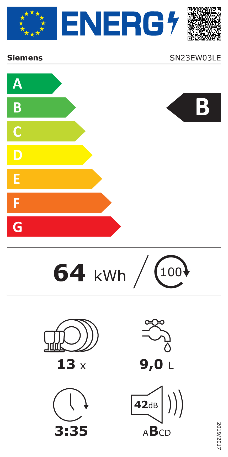 Vaatwasser vrij SIEMENS SN23EW03LE iQ300 ExtraKlasse  / B / 42dB / bestekmand