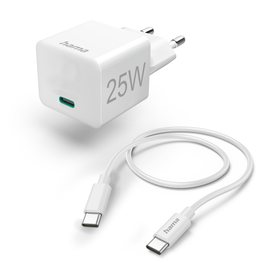 Hama Chargeur rapide avec câble USB-C, chargeur mini, PD, 25W, 1,5 m, blanc