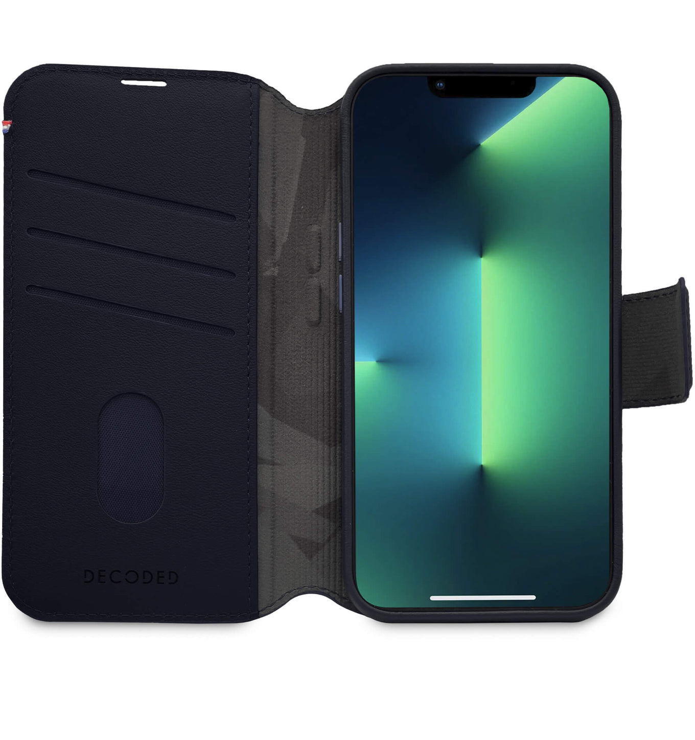 Decoded iPhone 14 Max, housse wallet amovible cuir, bleu acier