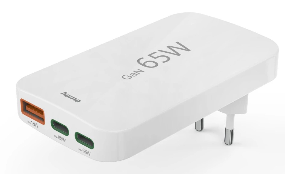 Hama Chargeur rapide, 2 USB-C, 1 USB-A, mini-chargeur plat, PD, 65 W, BLC
