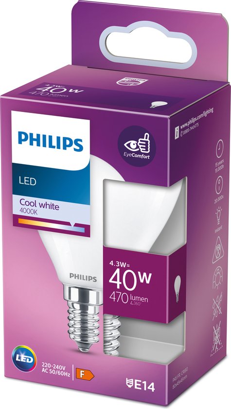 LED-lamp PHILIPS 8718699762797 E14 P45 4,3W-40W CW