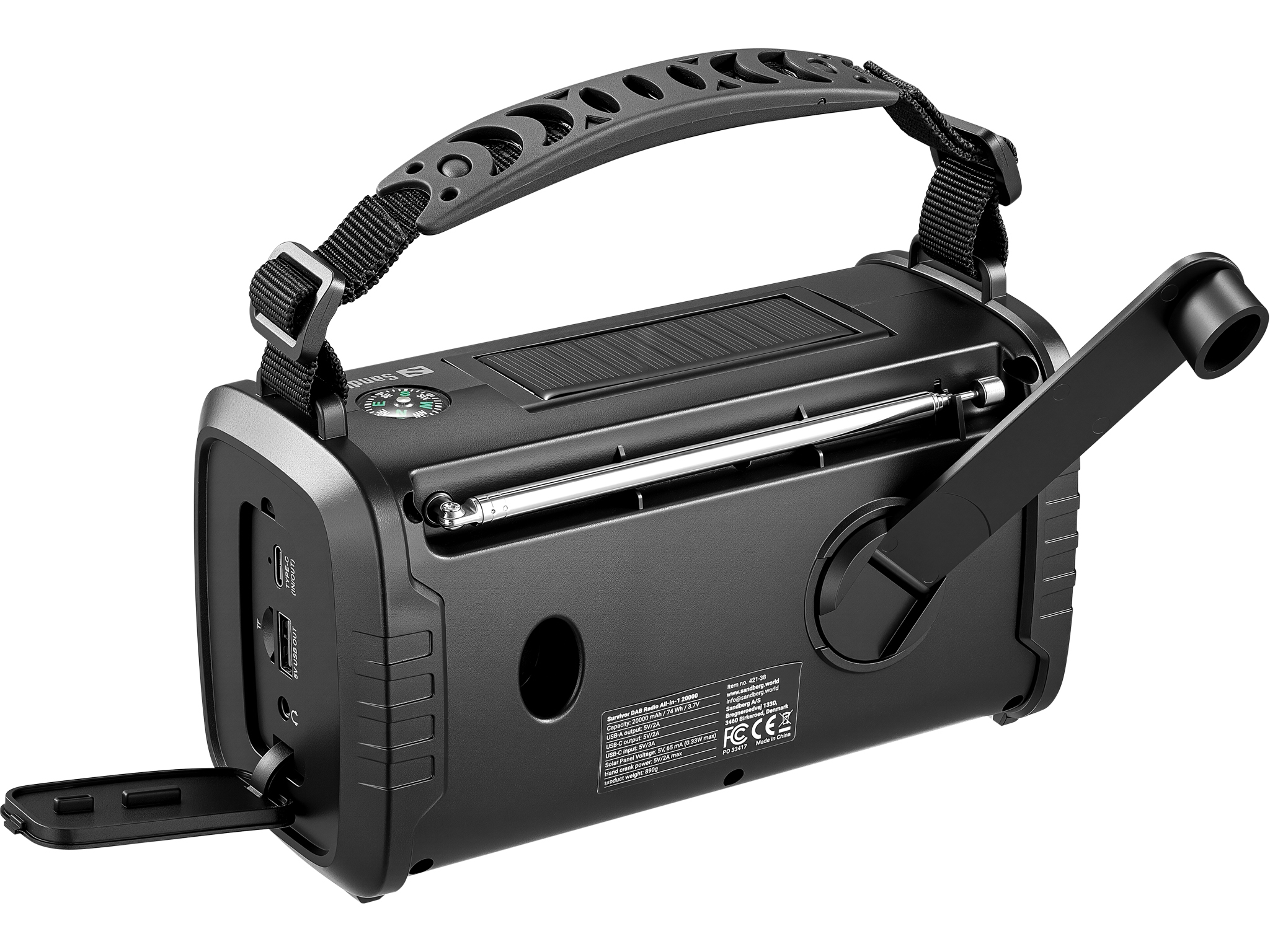 DAB radio SANDBERG Survivor 421-38 / 20000mAh solar powerbank / Bluetooth / zaklamp / zwengel