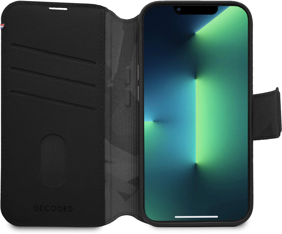 Decoded iPhone 14, housse wallet amovible cuir, noir