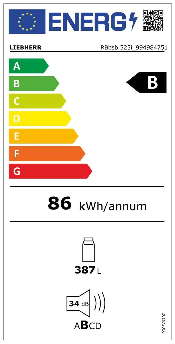 Liebherr RBbsb 525i Prime réfrigérateur Pose libre 386 L B Noir, Acier inoxydable
