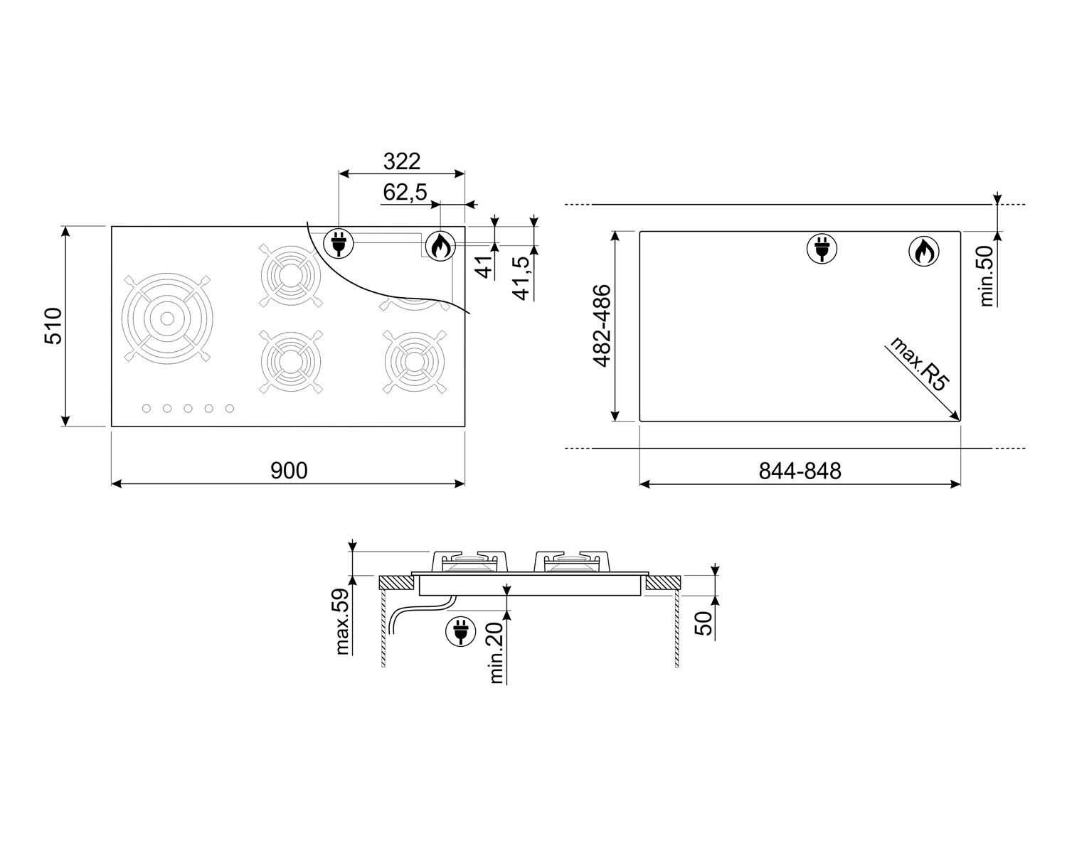 Gaskookplaat SMEG PV695LCNR / 90cm