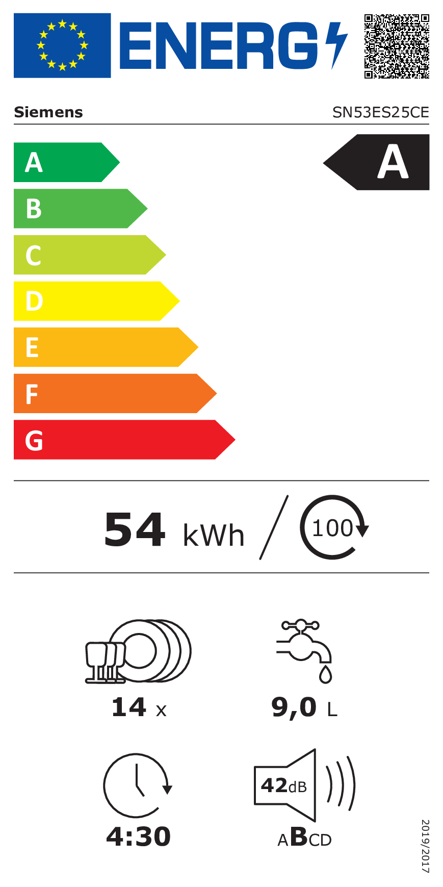 Vaatwasser BI SIEMENS SN53ES25CE iQ300 ExtraKlasse / A / HI /  42dB / besteklade / geborsteld staal