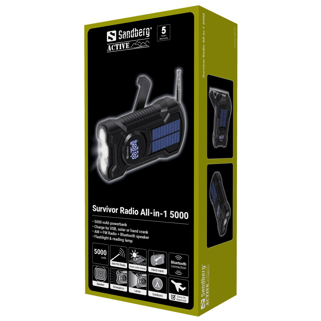 Sandberg Survivor Radio AM-FM / Powerbank 5000 Solar / Zaklamp All-in-1 