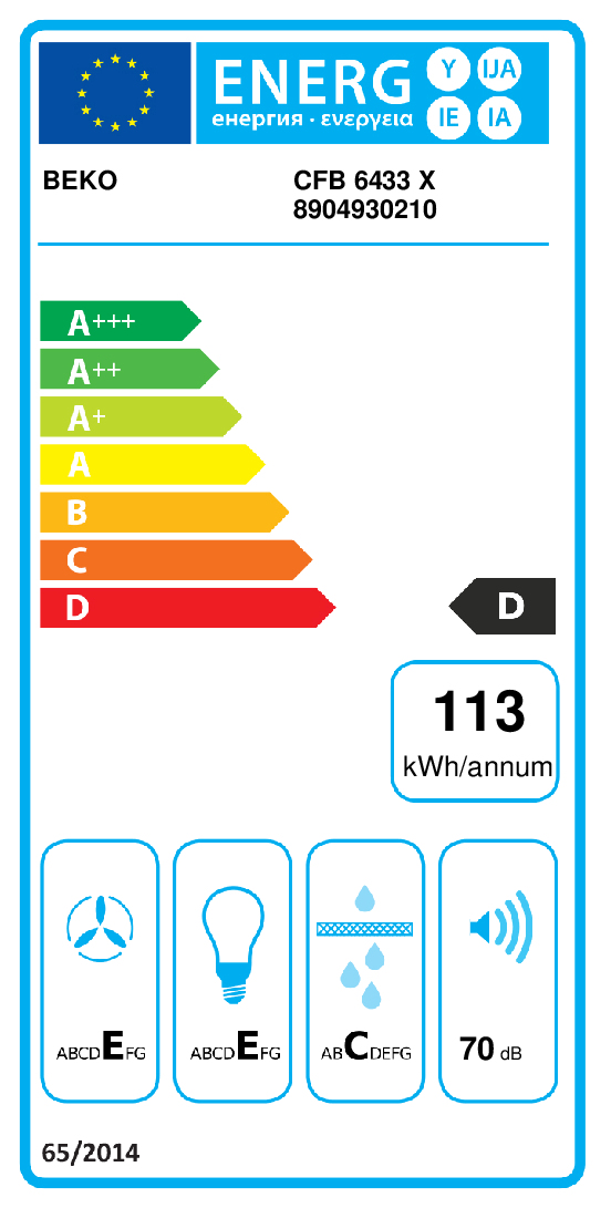 Beko CFB 6433 X hotte Montée au mur Acier inoxydable 365 m³/h D
