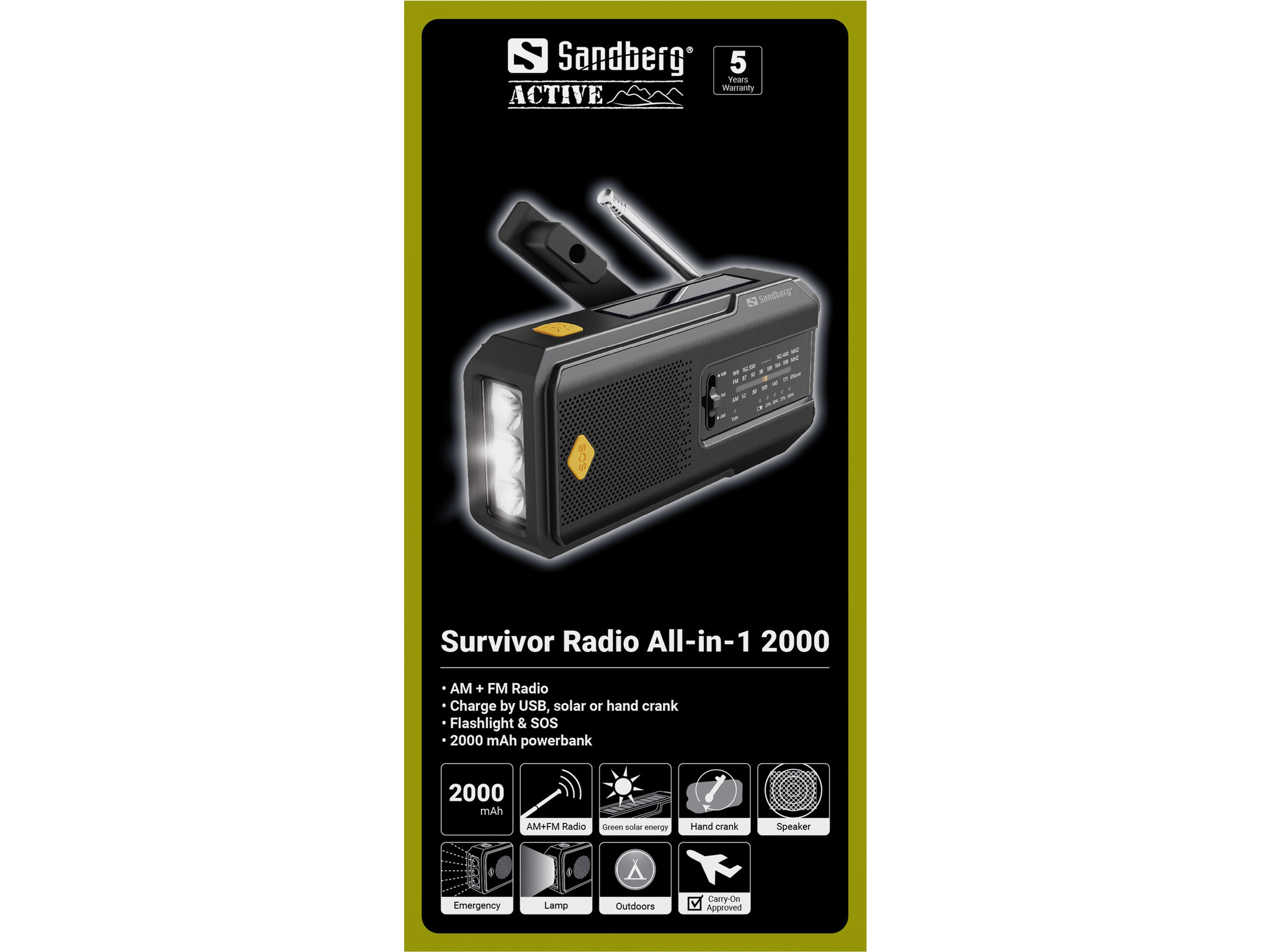 FM radio SANDBERG Survivor 421-04 / 2000mAh solar powerbank / zaklamp / zwenge