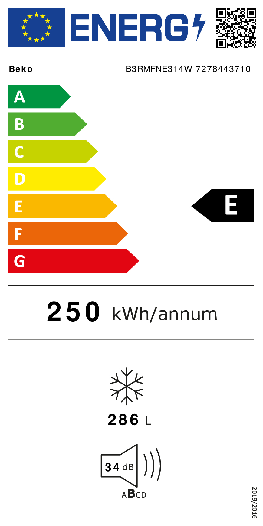 Diepvrieskast BEKO B3RMFNE314W1 / 286L / E / 185cm / NoFrost
