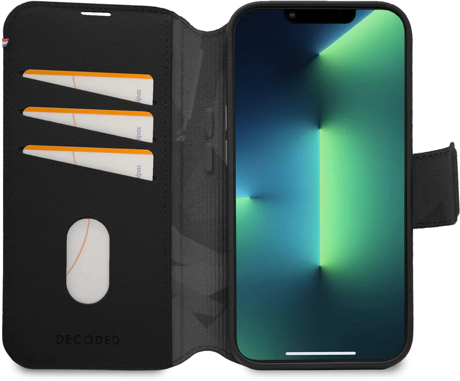 Decoded iPhone 14, housse wallet amovible cuir, noir