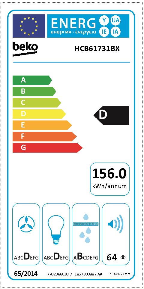 Beko HCB61731BX afzuigkap Muurmontage Roestvrijstaal 650 m³/uur D