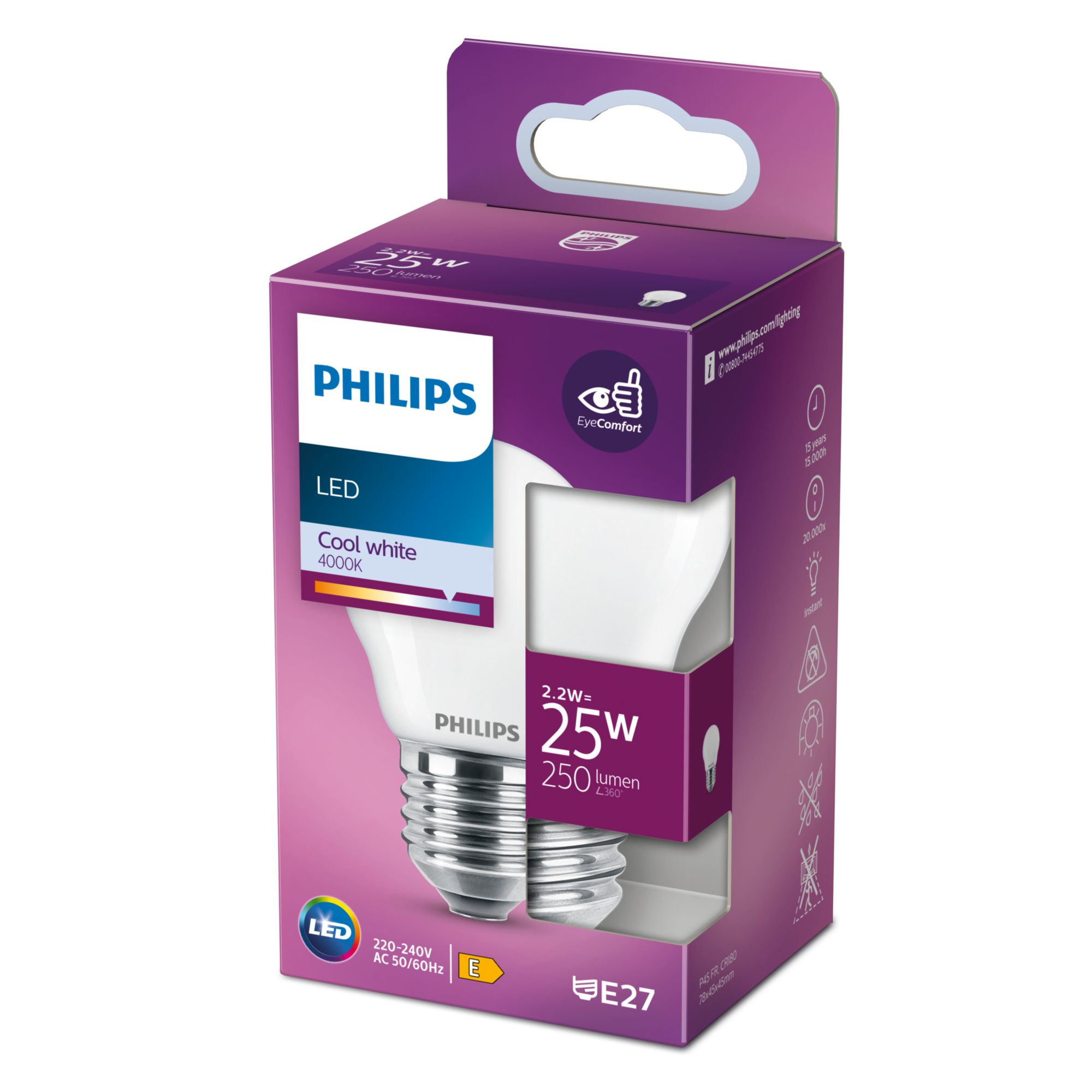 LED-lamp PHILIPS 8718699762773 E27P45 2,2W-25W CW
