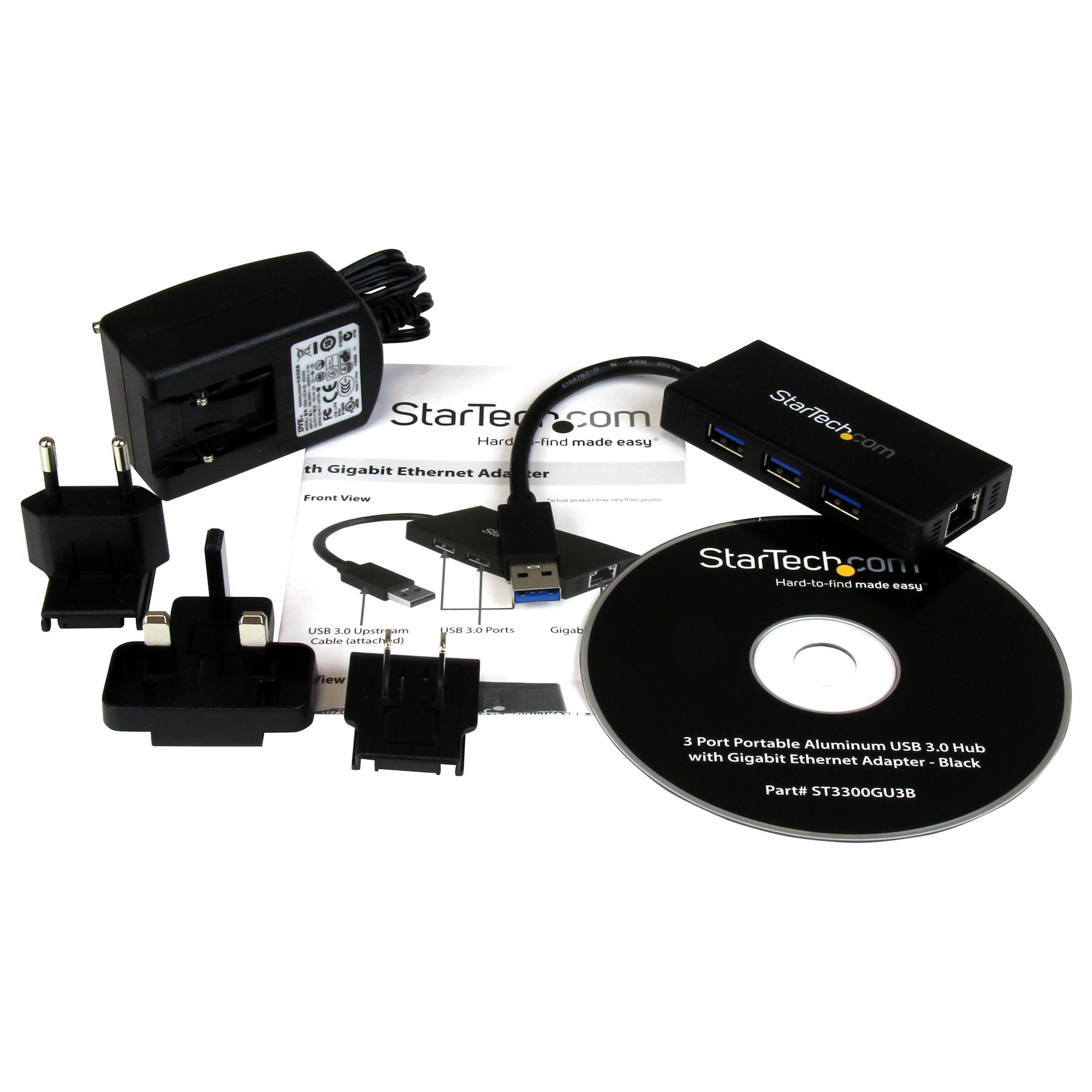 StarTech.com 3-poorts draagbare USB 3.0-hub plus Gigabit Ethernet - 5Gbps - aluminium met geintegreerde kabel