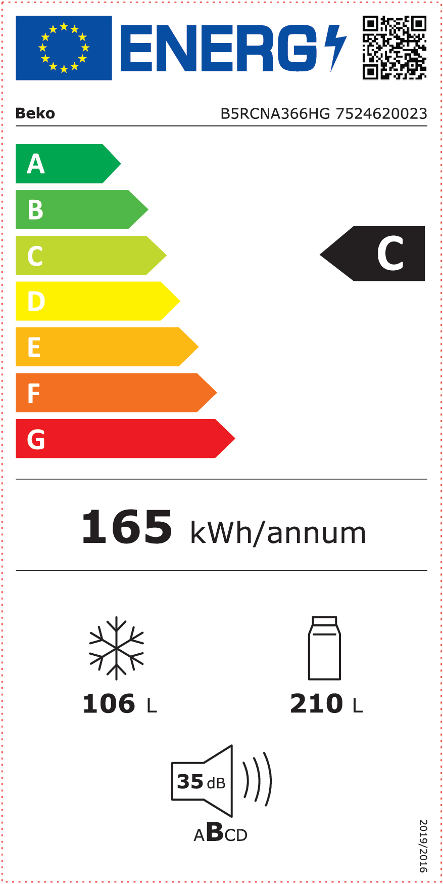Koelkast Combi BEKO B5RCNA366HG / 186.5cm / C / 316L