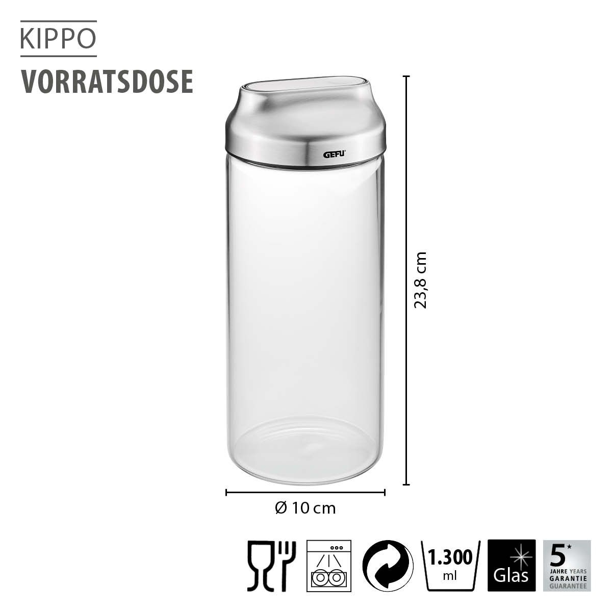 Bewaardoos GEFU 51.GF33742 Kippo / 1300ml / glas / inox deksel
