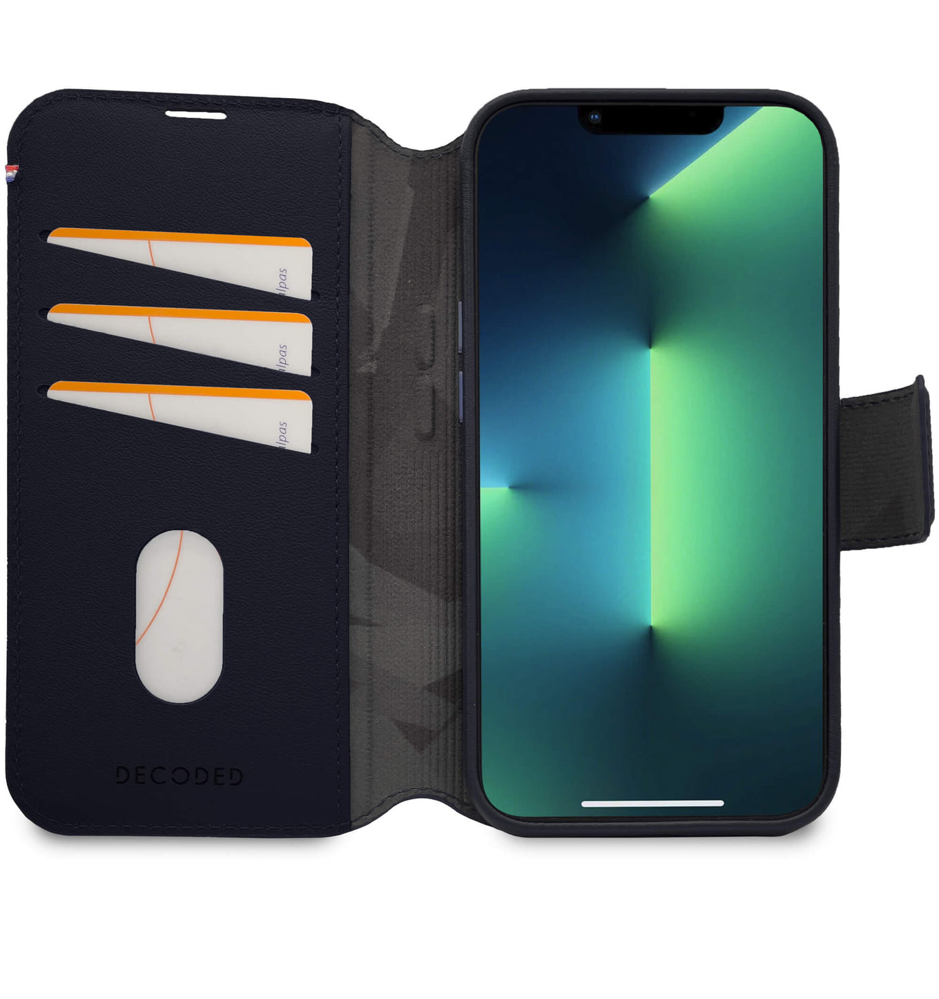Decoded iPhone 14 Max, housse wallet amovible cuir, bleu acier