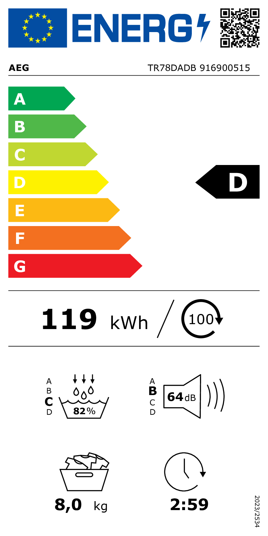 Warmtepompdroogkast AEG TR78DADB / 8kg / D