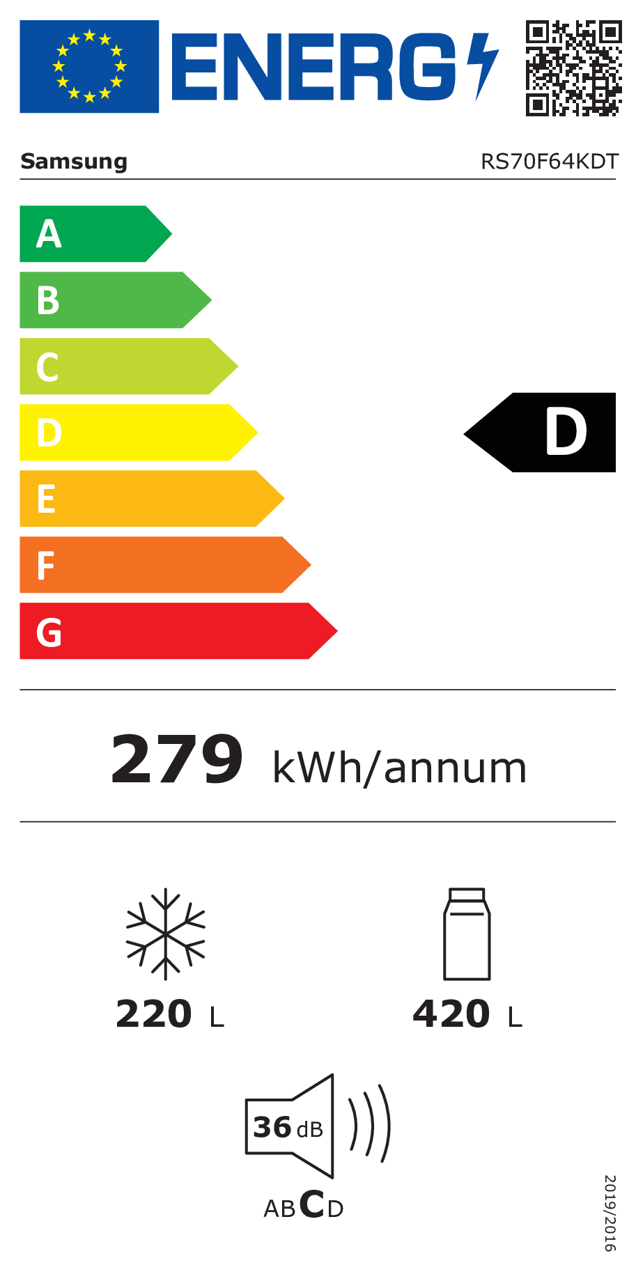 Koelkast SAMSUNG RS70F64KDTEF / SBS / D / 417L + 218L / 178cm / mat inox