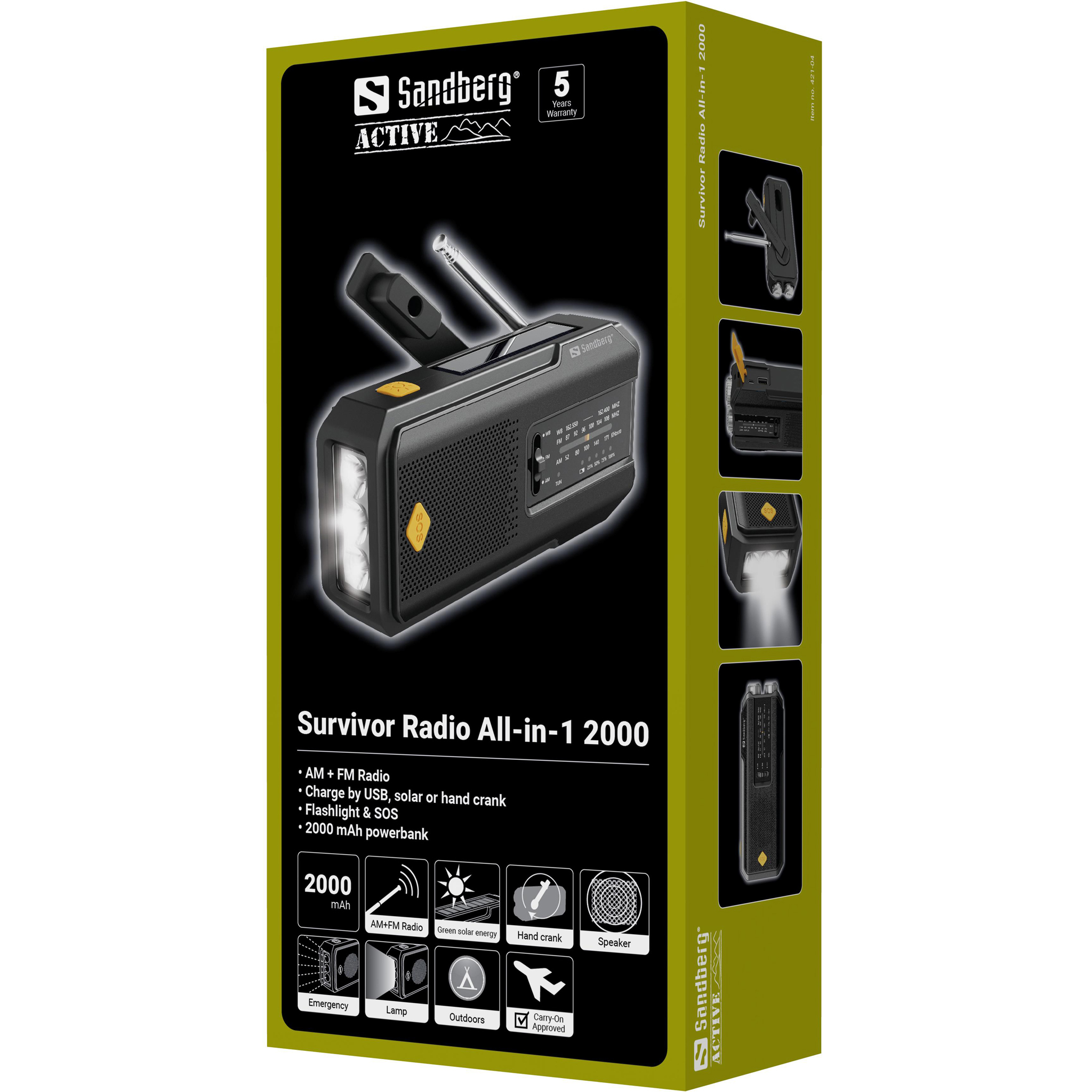 FM radio SANDBERG Survivor 421-04 / 2000mAh solar powerbank / zaklamp / zwenge
