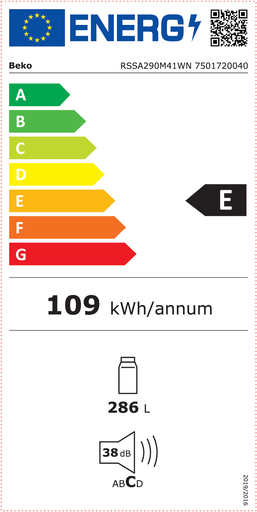 Koelkast BEKO RSSA290M41WN / E / 286L / 151cm