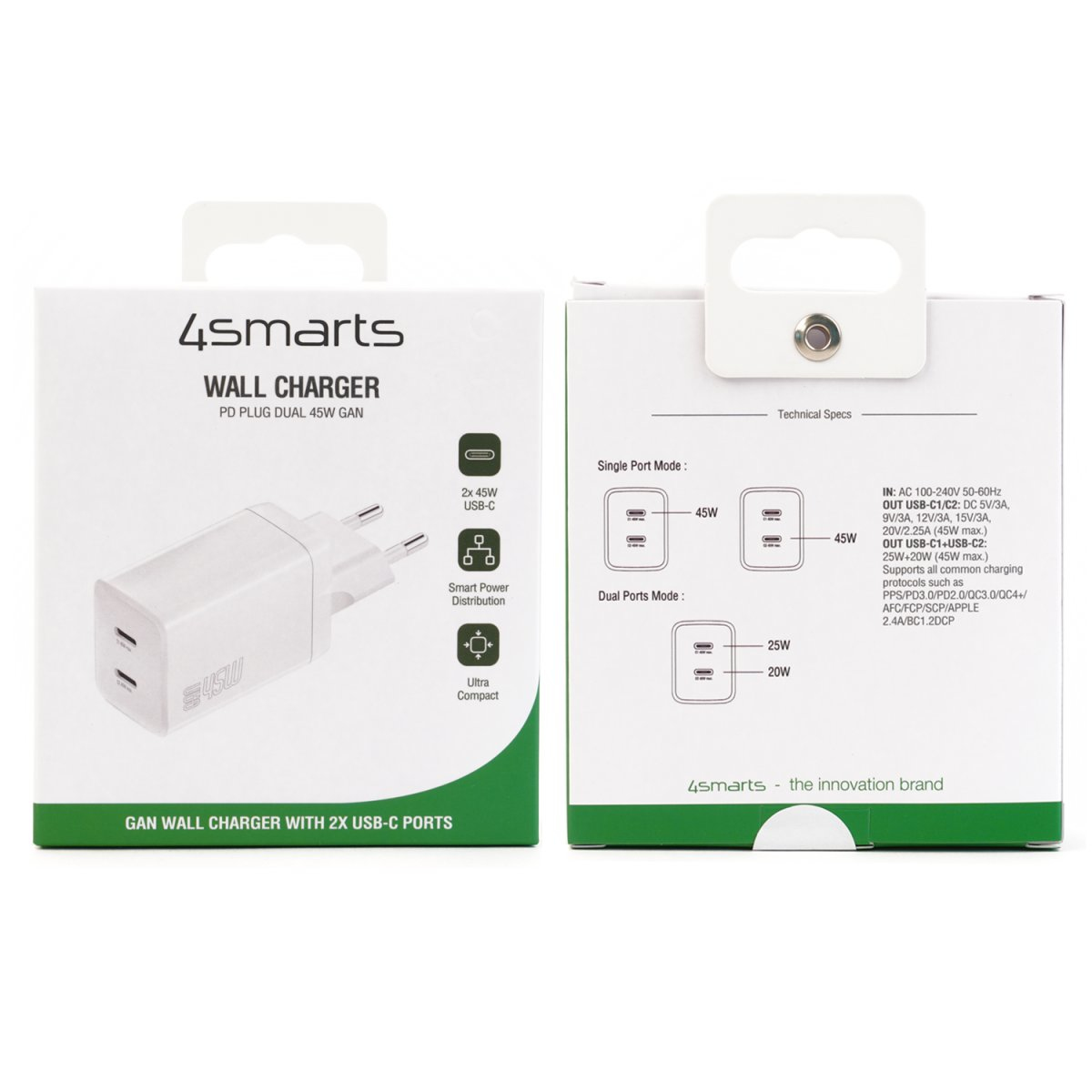 Laadadapter 4Smarts Charger PD Plug Dual 45W GaN 2xC White